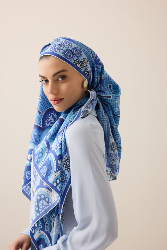 Palm Island Blue Cotton Silk Shawl - 1