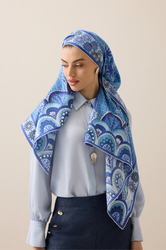 Palm Island Blue Cotton Silk Shawl - 5