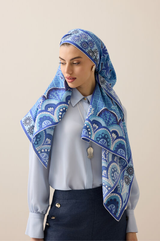 Palm Island Blue Cotton Silk Shawl - 5