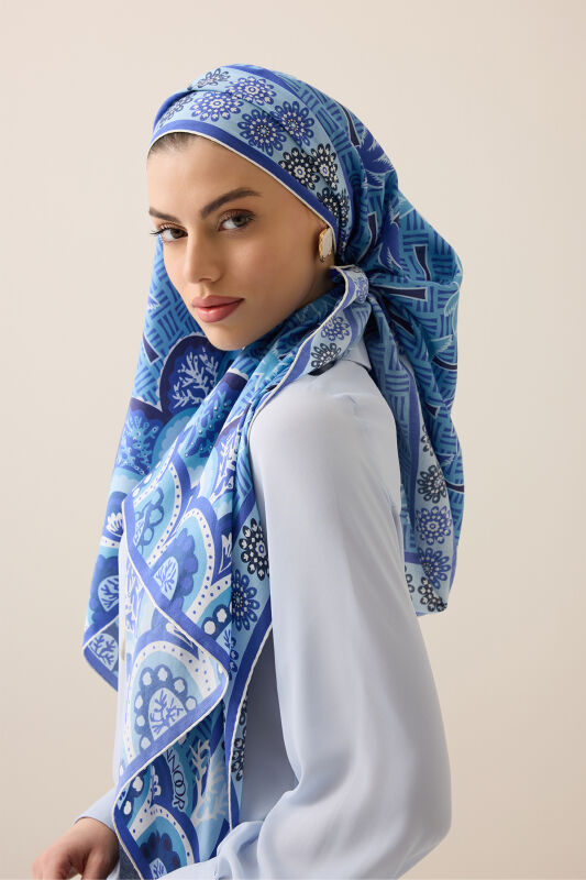 Palm Island Blue Cotton Silk Shawl - 1