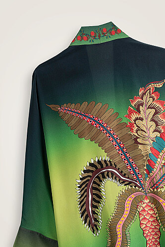 Palm Tree Green Crepe Silk Long Kimono - 6