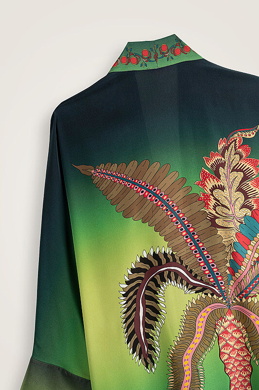 Palm Tree Green Crepe Silk Long Kimono - 6