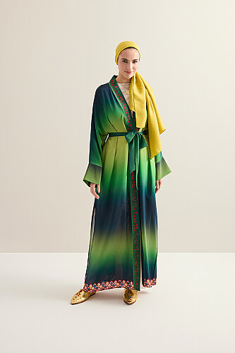 Palm Tree Green Crepe Silk Long Kimono - 3