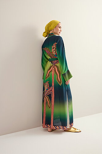 Palm Tree Green Crepe Silk Long Kimono - 1