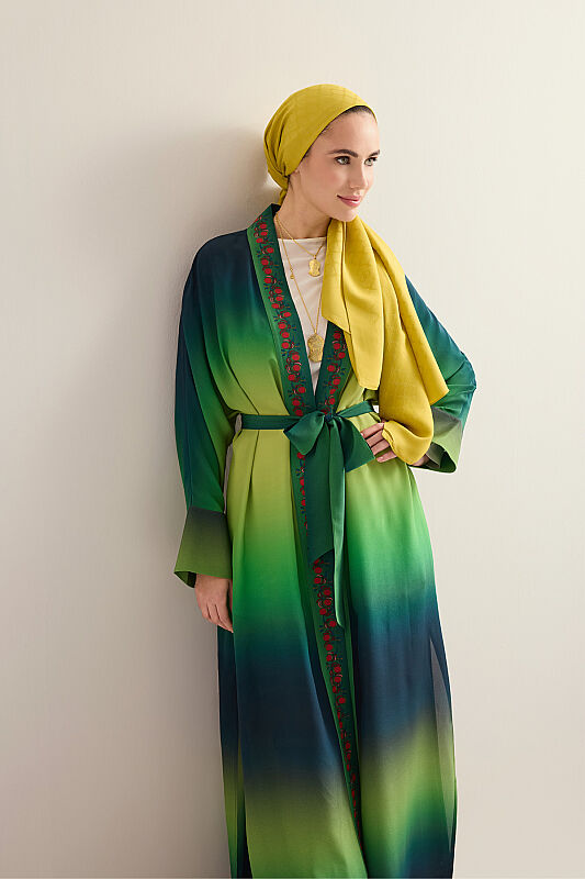Palm Tree Green Crepe Silk Long Kimono - 7