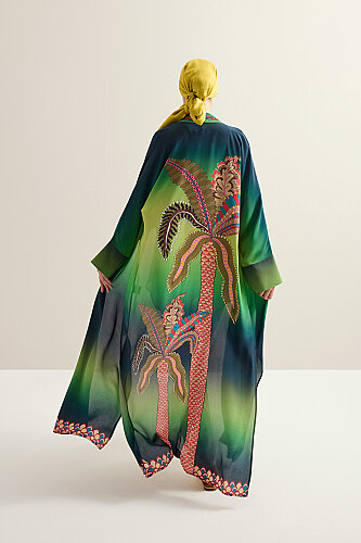 Palm Tree Green Crepe Silk Long Kimono - 5