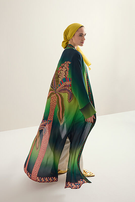 Palm Tree Green Crepe Silk Long Kimono - 8