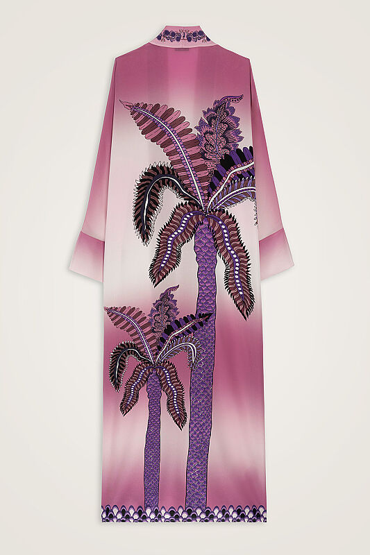 Palm Tree Pink Crepe Silk Long Kimono - 2