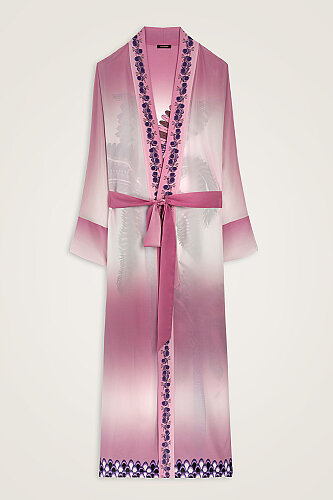 Palm Tree Pink Crepe Silk Long Kimono 