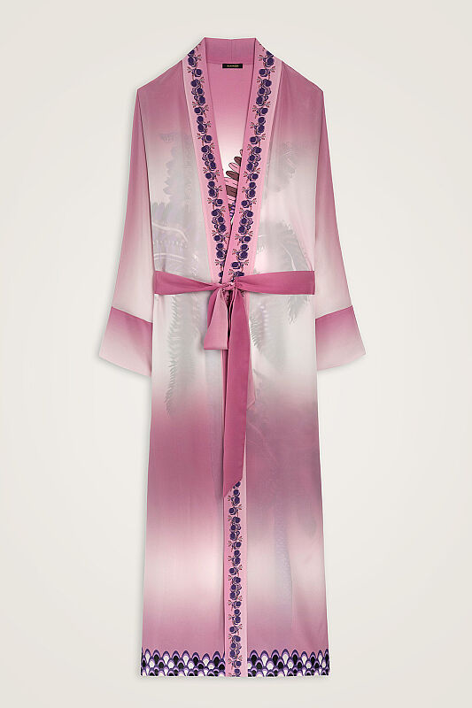 Palm Tree Pink Crepe Silk Long Kimono - 1