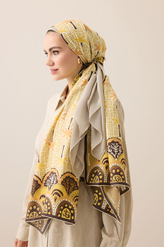 Palmiye Adası Sarı Pamuk İpek Şal 70x210 - 5