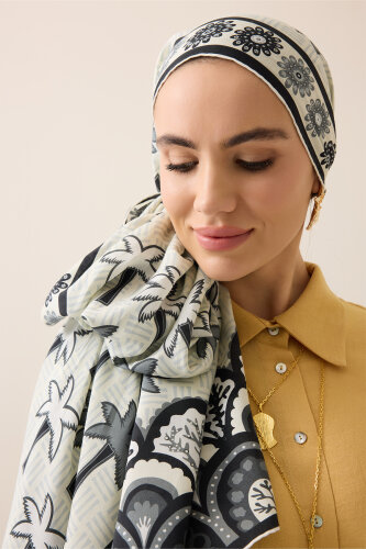 Palmiye Adası Siyah-Krem Pamuk İpek Şal 70x210 - 5