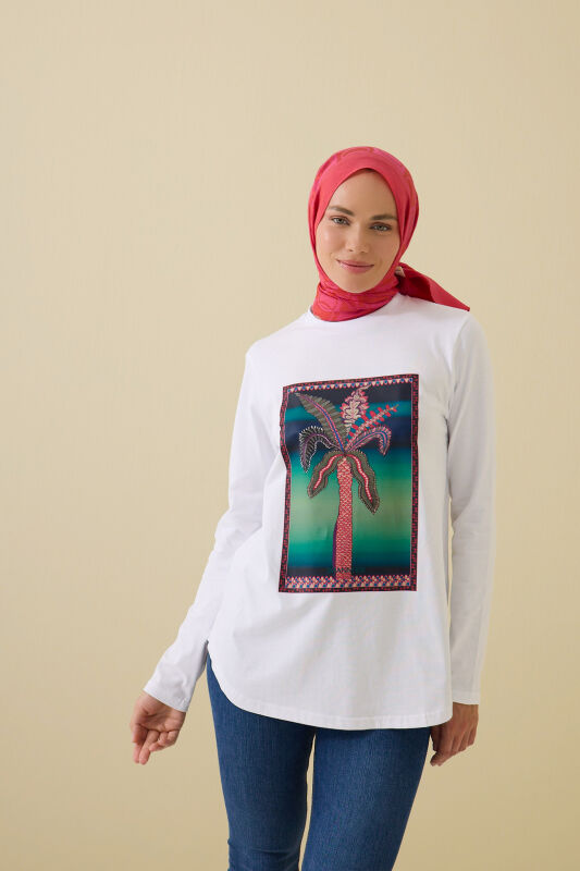Palmiye Long Sleeve White T-Shirt - 1