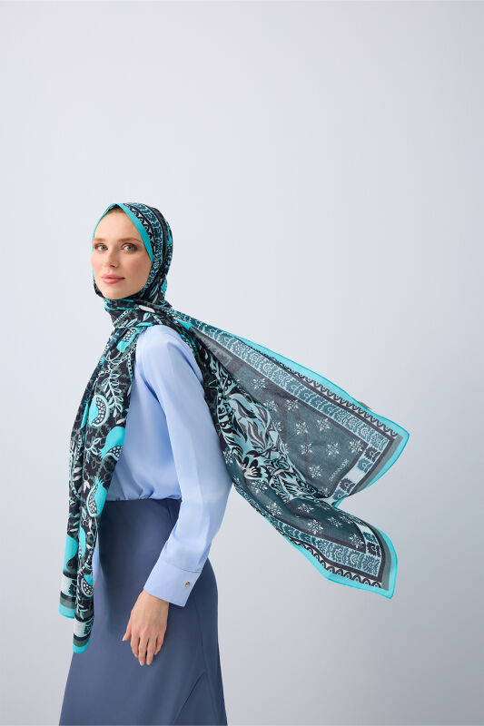 Paradise Pomegranate Turquoise Cotton Shawl - 3