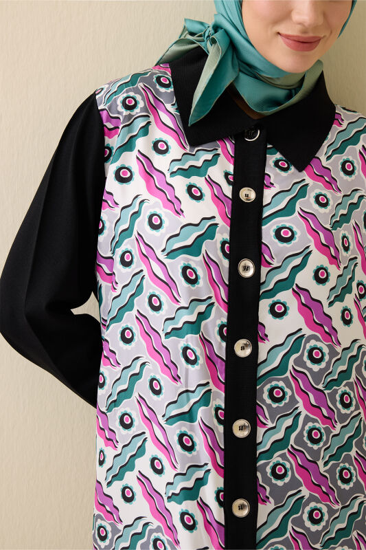 Peleng Black-Pink Silk Knit Shirt Dress - 6