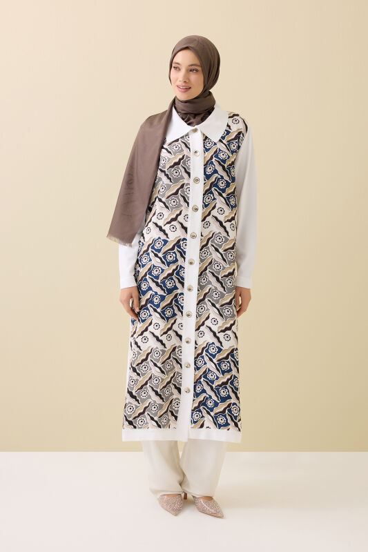 Peleng White-Navy Silk Knit Shirt Dress - 1