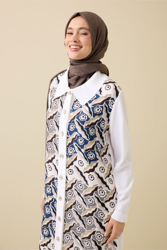 Peleng White-Navy Silk Knit Shirt Dress - 3