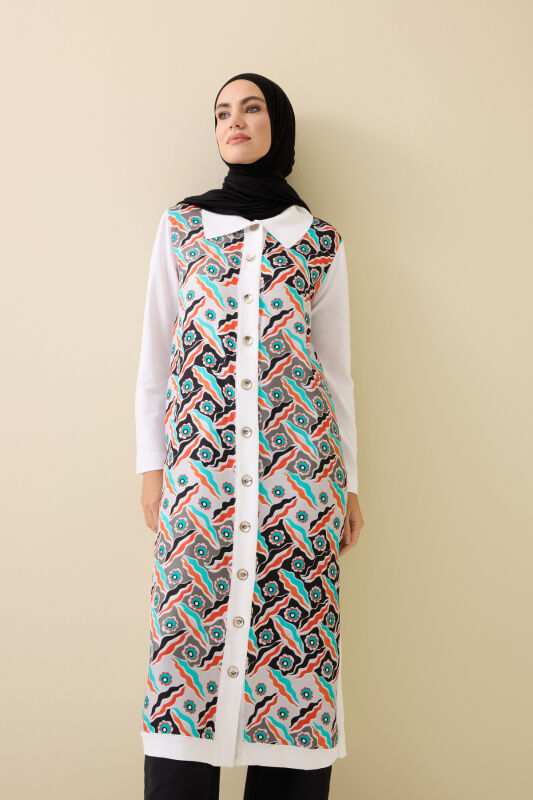 Peleng White-Orange Silk Knit Shirt Dress - 1