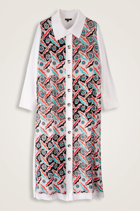 Pelenk Beyaz-Turuncu İpek Triko Gömlek Elbise - 2