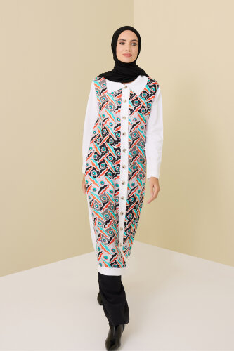 Pelenk Beyaz-Turuncu İpek Triko Gömlek Elbise - 6