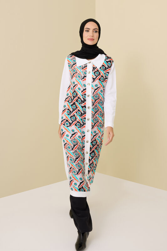 Pelenk Beyaz-Turuncu İpek Triko Gömlek Elbise - 6