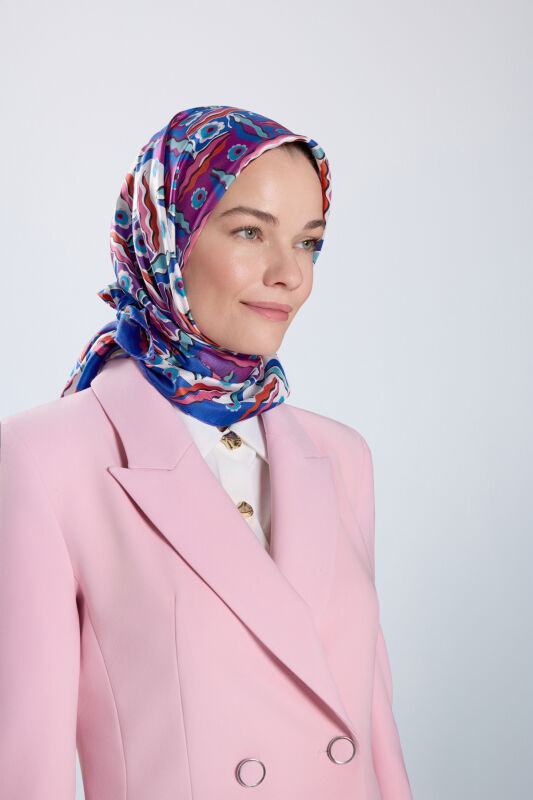Pelenk Mor-Pembe Çift Taraflı Tivil İpek Eşarp 90x90 - 1