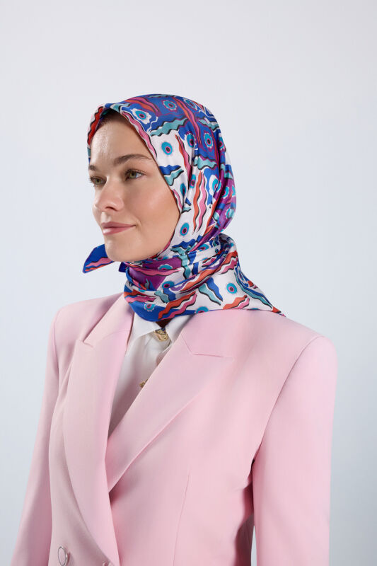 Pelenk Mor-Pembe Çift Taraflı Tivil İpek Eşarp 90x90 - 5