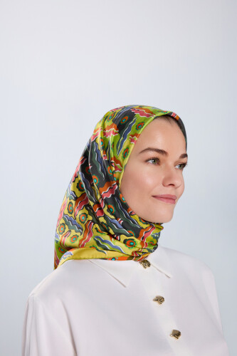 Pelenk Orange-Green Double-Sided Twill Silk Scarf - 5
