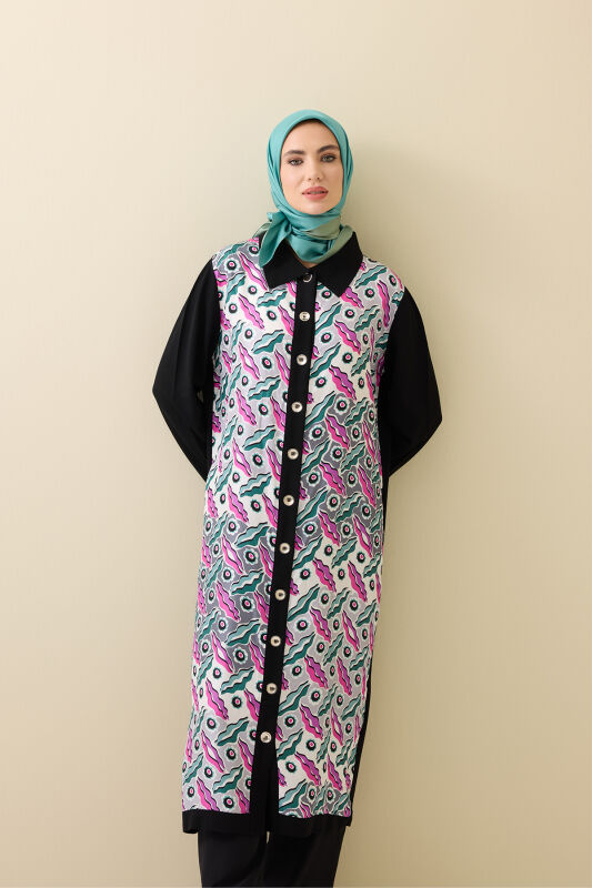 Pelenk Siyah-Pembe İpek Triko Gömlek Elbise - 1