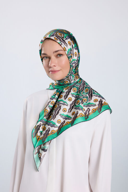 Pelenk Turquoise-Beige Double-Sided Twill Silk Scarf - 5