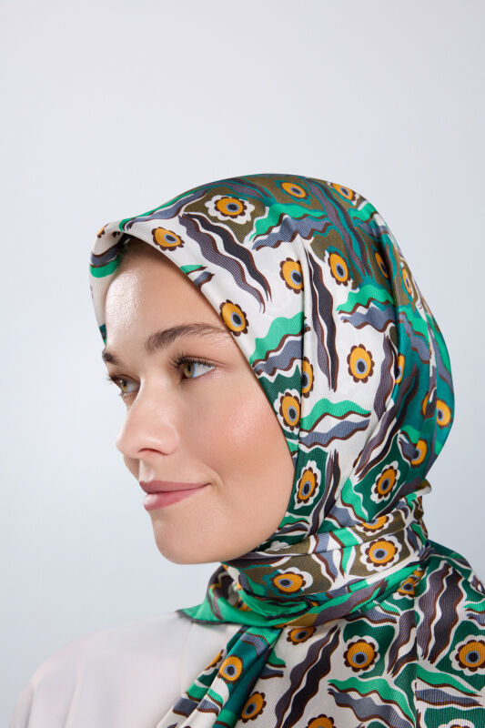 Pelenk Turquoise-Beige Double-Sided Twill Silk Scarf - 4