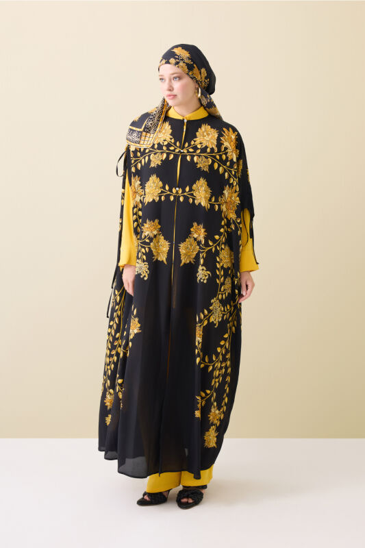 Peony Black-Gold Silk Abaya - 1