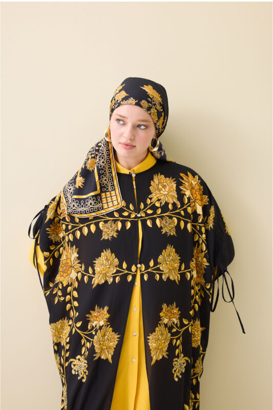 Peony Black-Gold Silk Abaya - 3