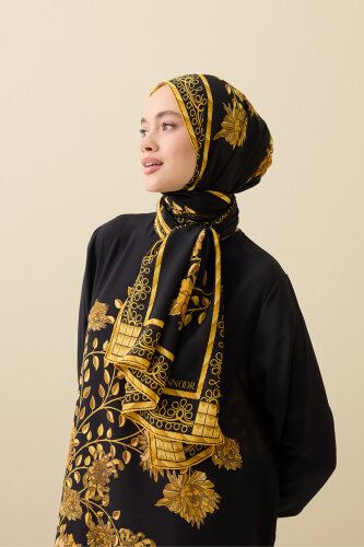 Peony Black-Gold Silk Abaya Shawl - Imannoor