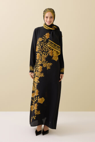 Peony Black-Gold Silk Crepe Dress 