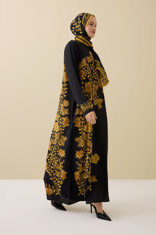 Peony Black-Gold Silk Crepe Dress - 6