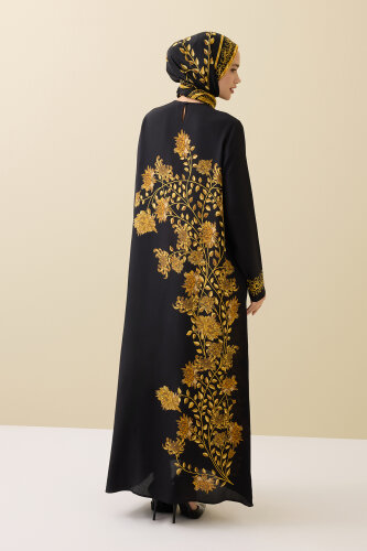 Peony Black-Gold Silk Crepe Dress - 5