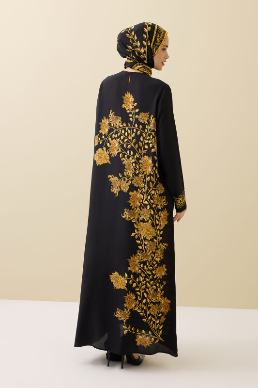Peony Black-Gold Silk Crepe Dress - 5
