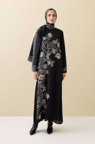 Peony Black-Gray Silk Crepe Dress 