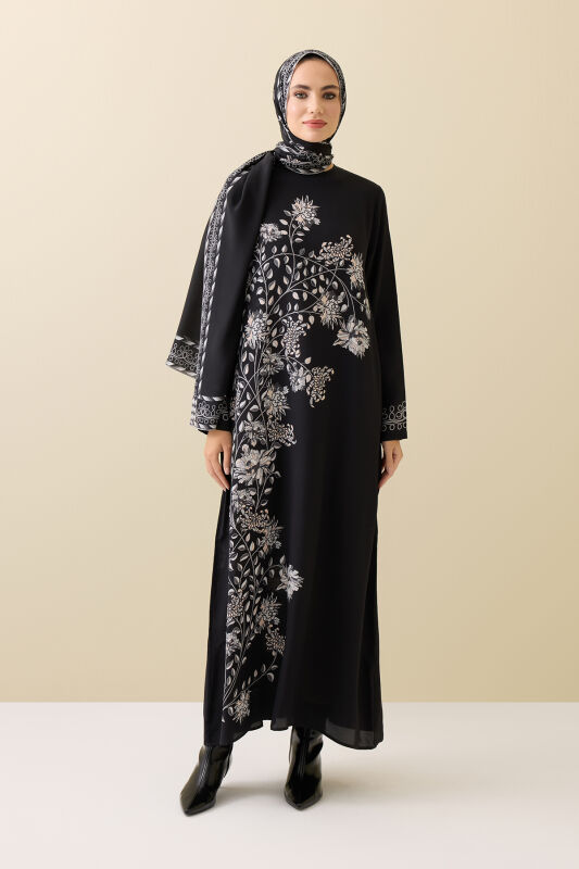 Peony Black-Gray Silk Crepe Dress - 1