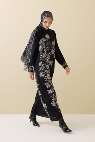 Peony Black-Gray Silk Crepe Dress - 6