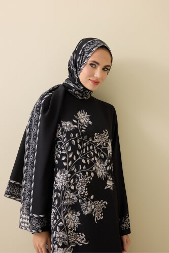 Peony Black-Gray Silk Crepe Dress - 3