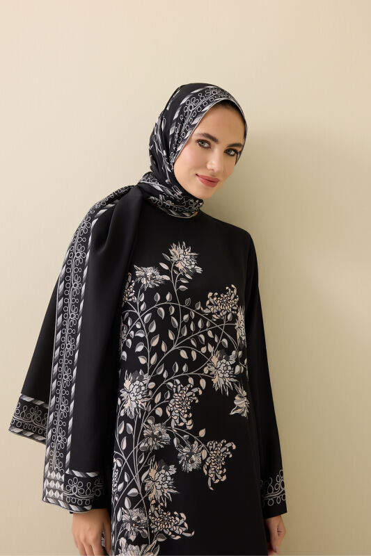 Peony Black-Gray Silk Crepe Dress - 3