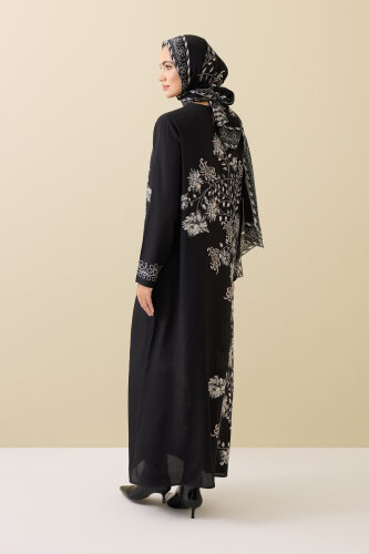 Peony Black-Gray Silk Crepe Dress - 5