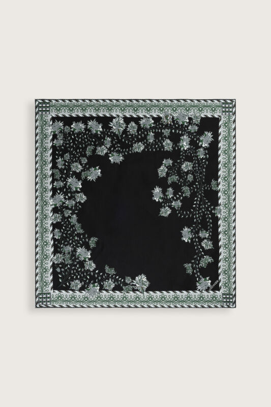 Peony Black-Green Silk Twill Scarf - 2