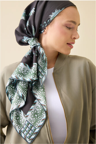 Peony Black-Green Silk Twill Scarf - 1