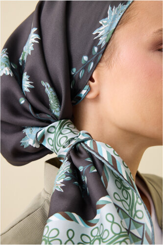 Peony Black-Green Silk Twill Scarf - 5