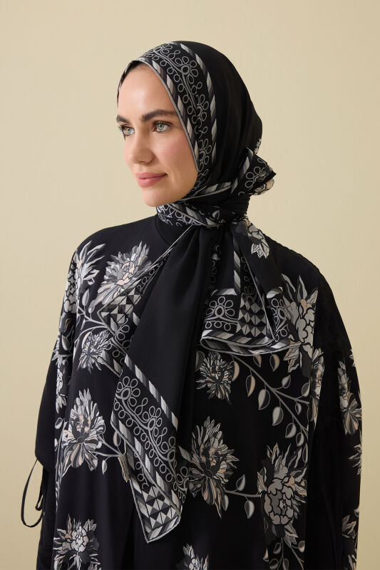Peony Black-Grey Silk Abaya Shawl - 1