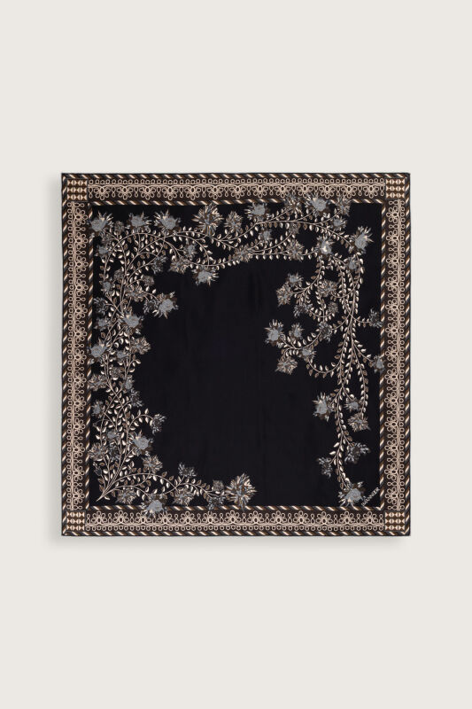 Peony Black-Grey Silk Twill Scarf - 2