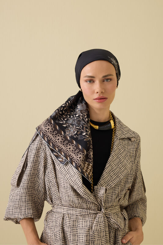 Peony Black-Grey Silk Twill Scarf - 5